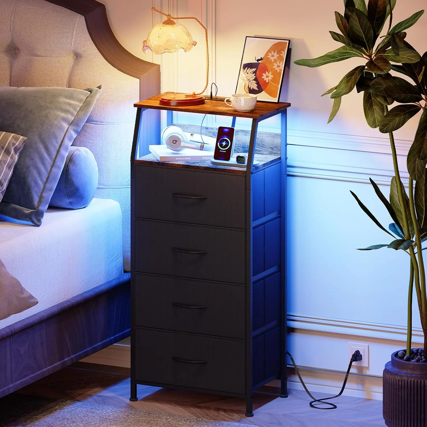 Somdot Black Nightstand with Charging Station and LED Light for Bedroom, Tall 4 Drawers Dresser with Fabric Bins for Bedside Kids Dorm Room Closet Laundry Entryway, Black Rustic Brown