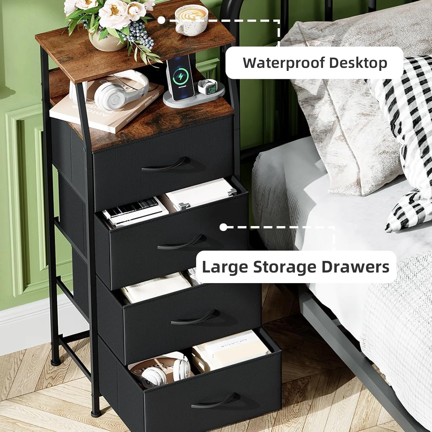 Somdot Black Nightstand with Charging Station and LED Light for Bedroom, Tall 4 Drawers Dresser with Fabric Bins for Bedside Kids Dorm Room Closet Laundry Entryway, Black Rustic Brown