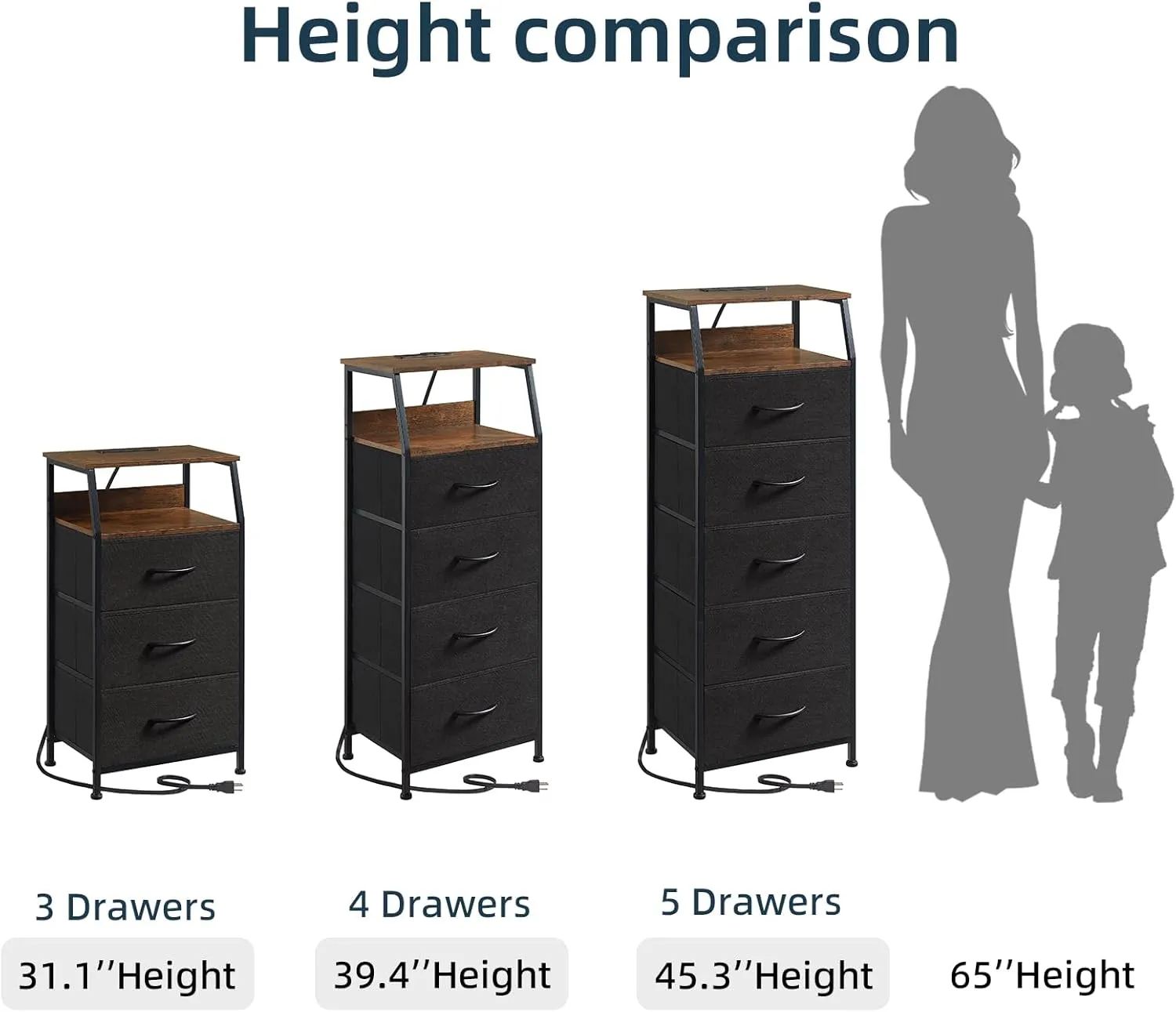 Somdot Black Nightstand with Charging Station and LED Light for Bedroom, Tall 4 Drawers Dresser with Fabric Bins for Bedside Kids Dorm Room Closet Laundry Entryway, Black Rustic Brown