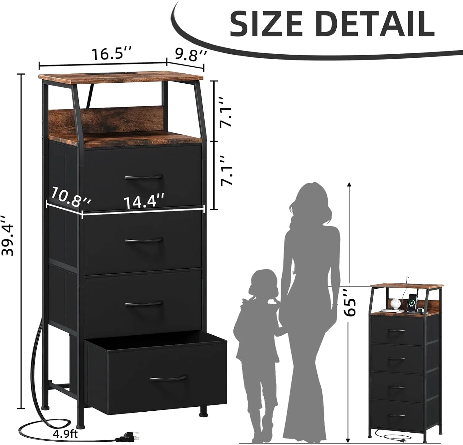 Somdot Black Nightstand with Charging Station and LED Light for Bedroom, Tall 4 Drawers Dresser with Fabric Bins for Bedside Kids Dorm Room Closet Laundry Entryway, Black Rustic Brown