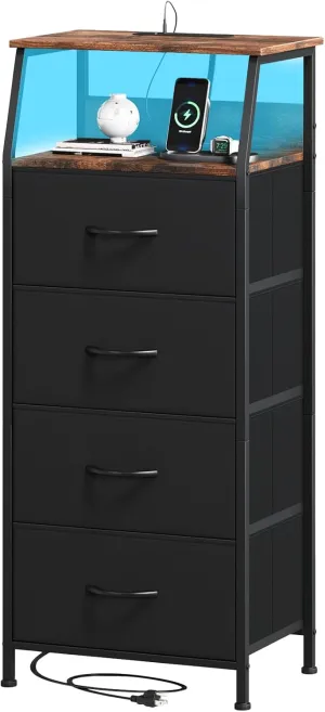 Somdot Black Nightstand with Charging Station and LED Light for Bedroom, Tall 4 Drawers Dresser with Fabric Bins for Bedside Kids Dorm Room Closet Laundry Entryway, Black Rustic Brown