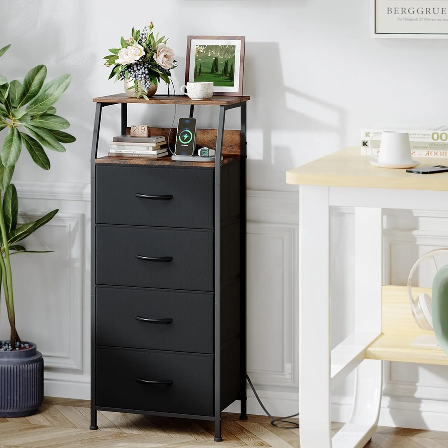 Somdot Black Nightstand with Charging Station and LED Light for Bedroom, Tall 4 Drawers Dresser with Fabric Bins for Bedside Kids Dorm Room Closet Laundry Entryway, Black Rustic Brown