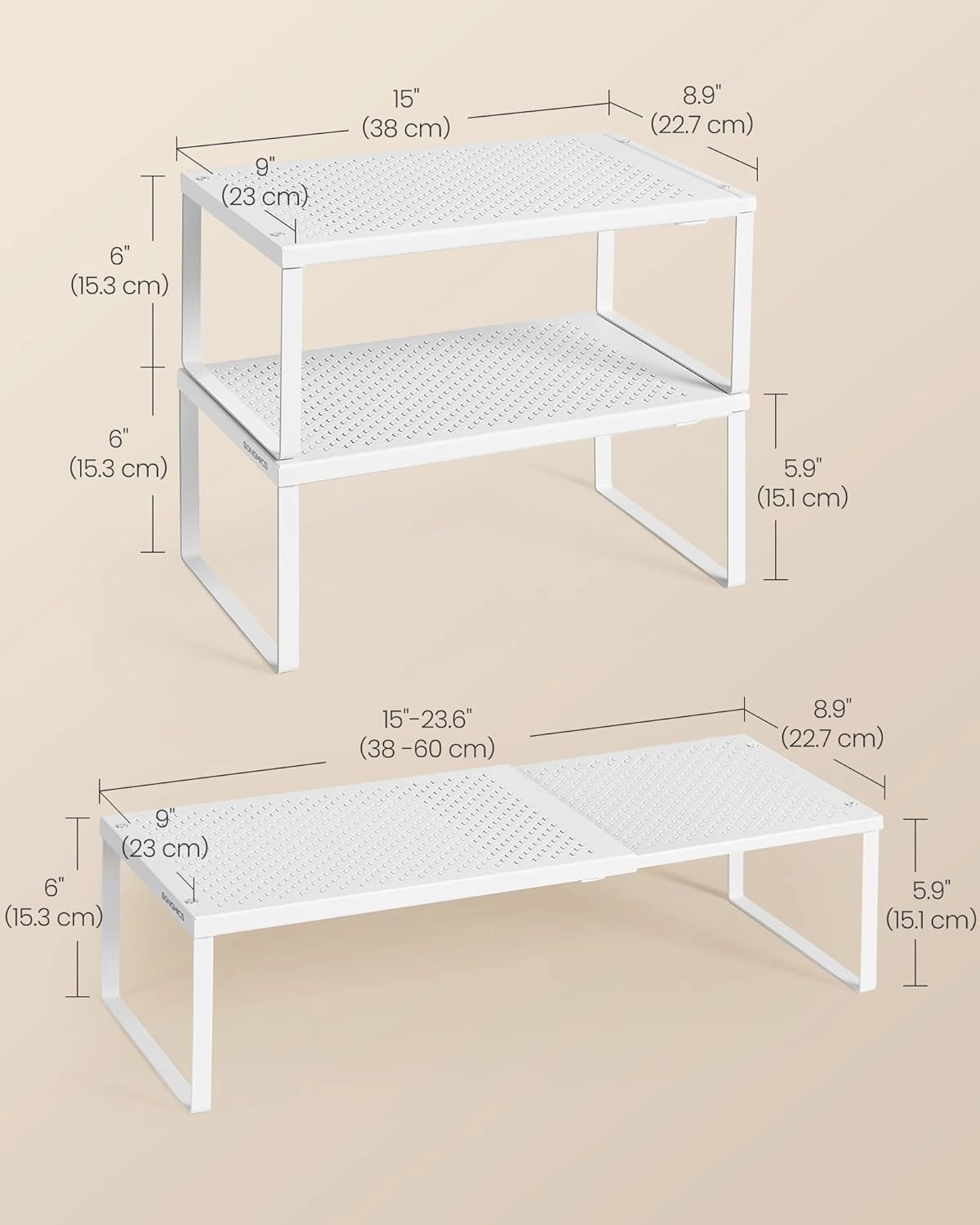 SONGMICS Spice Racks, Set of 2 Expandable Kitchen Countertop Shelves, Small Cupboard Organizers, Metal, Space-Saving Tabletop Shelves, Matte White UKCS402W01