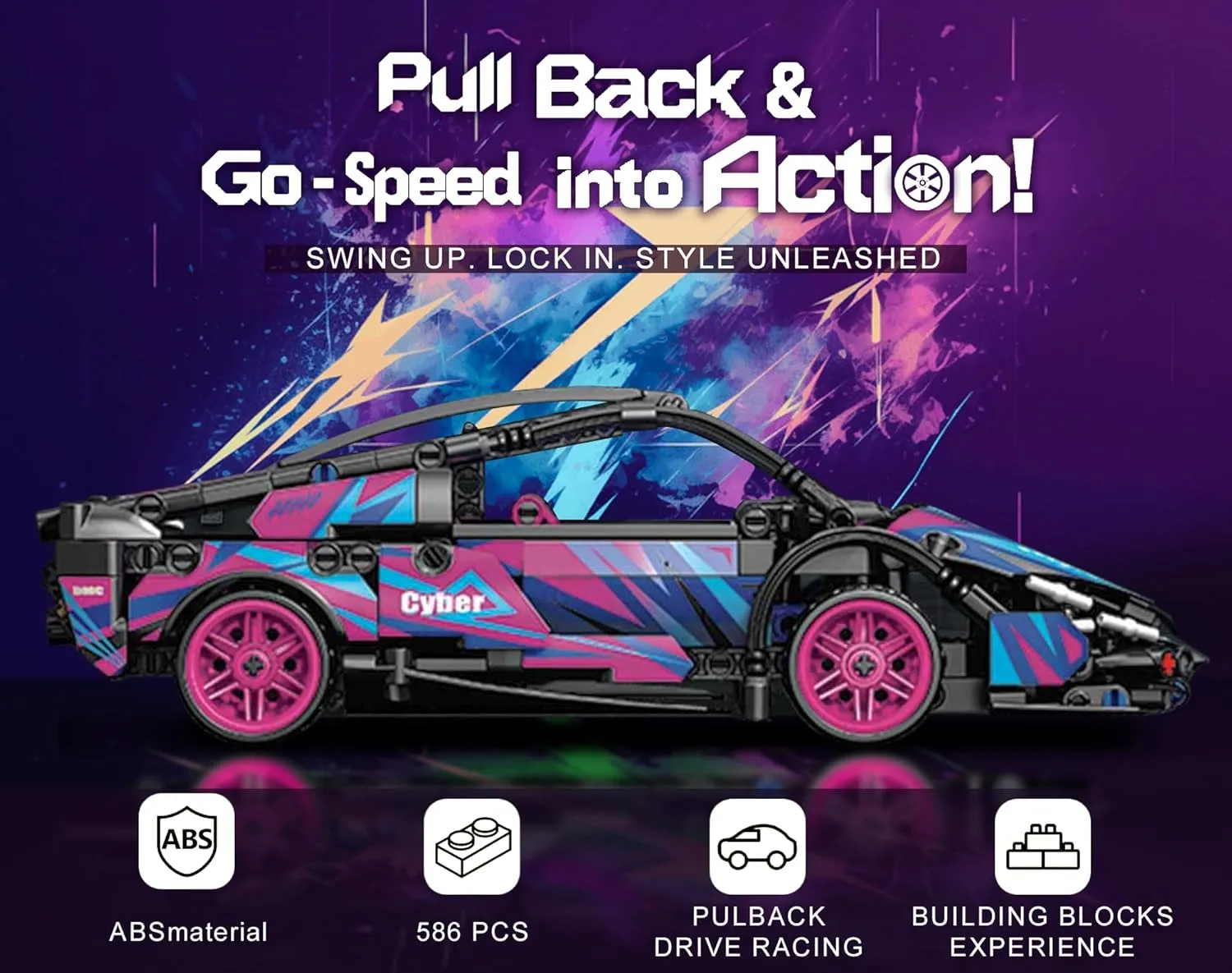 Sosuy Building-Block Race-Car Set, 1:18 Technical Model Kit 586 Pcs DIY Pull-Back Cyberpunk Toy for Boy Girl Kid Age 6  Year, Birthday Gift for Teen Adult Display, Speed Super Sports Cars Bricks Icons