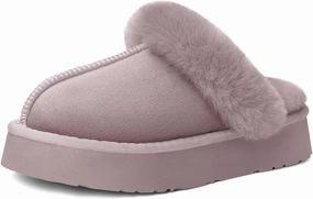 SOULROSE Women's Fuzzy Memory Foam Slippers Disquette Platform Fuzzy Comfy Cozy House Bedroom Indoor Outdoor Slippers Shoes with Non-Slip Sole Womens Gift Slippers