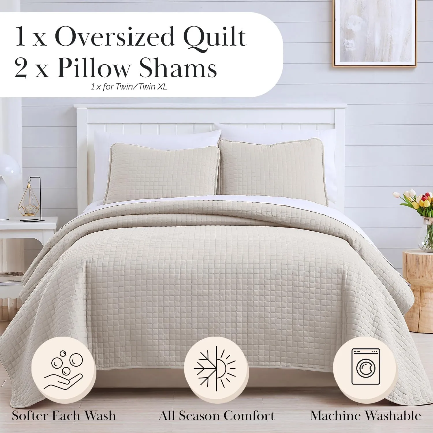 Southshore Fine Living, Inc. King Size Quilt Bedding Set, Soft Microfiber Bedspread, Stain & Pet Hair Resistant Bedding Coverlet, King Size/California Quilt Set with 2 Pillow Shams, Bone