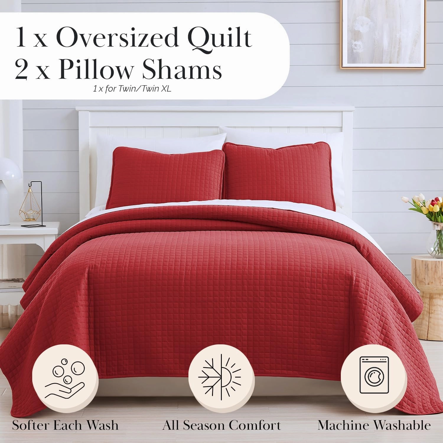 Southshore Fine Living, Inc. King Size Quilt Bedding Set, Soft Microfiber Bedspread, Stain & Pet Hair Resistant Bedding Coverlet, King Size/California Quilt Set with 2 Pillow Shams, Chili Pepper Red