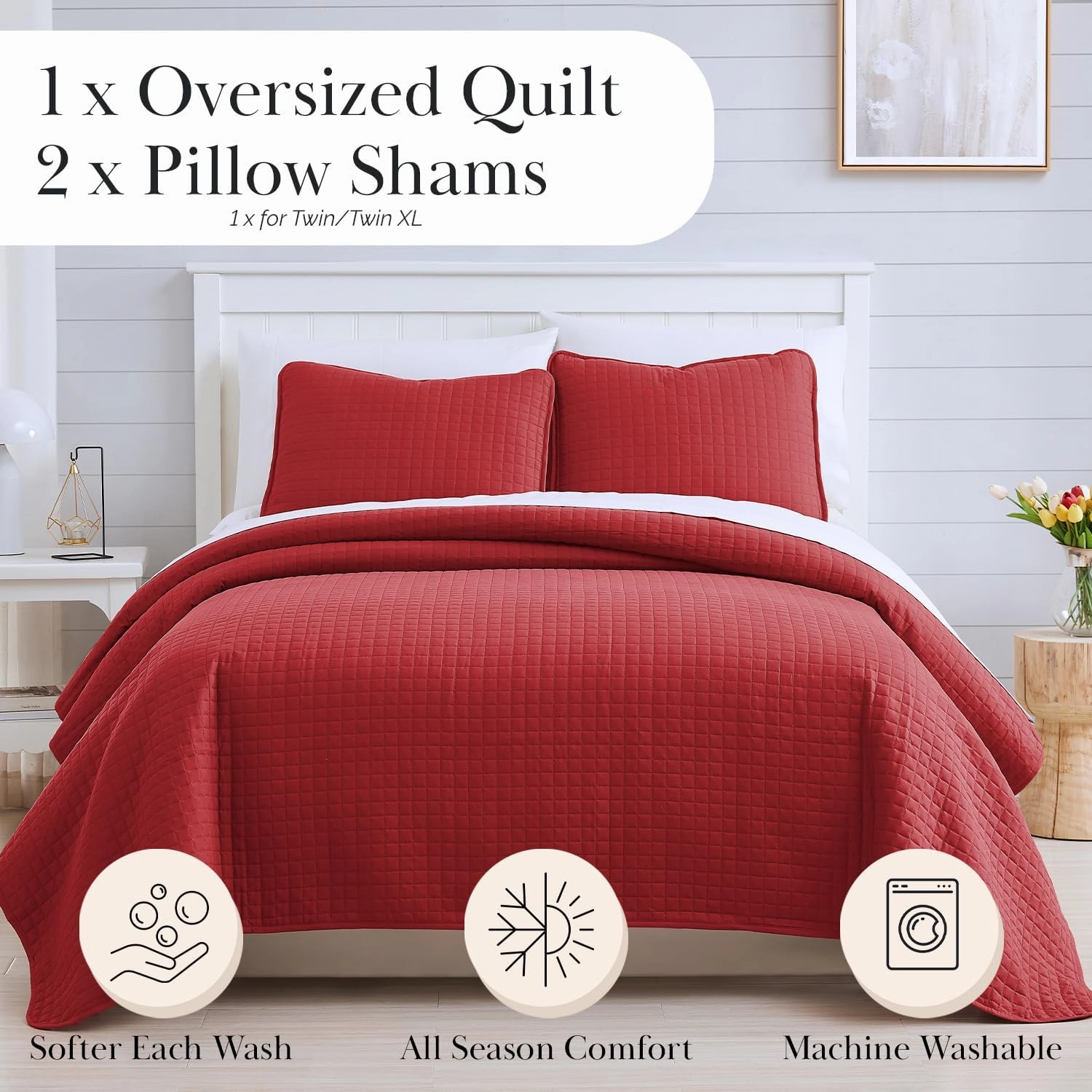 Southshore Fine Living, Inc. King Size Quilt Bedding Set, Soft Microfiber Bedspread, Stain & Pet Hair Resistant Bedding Coverlet, King Size/California Quilt Set with 2 Pillow Shams, Chili Pepper Red