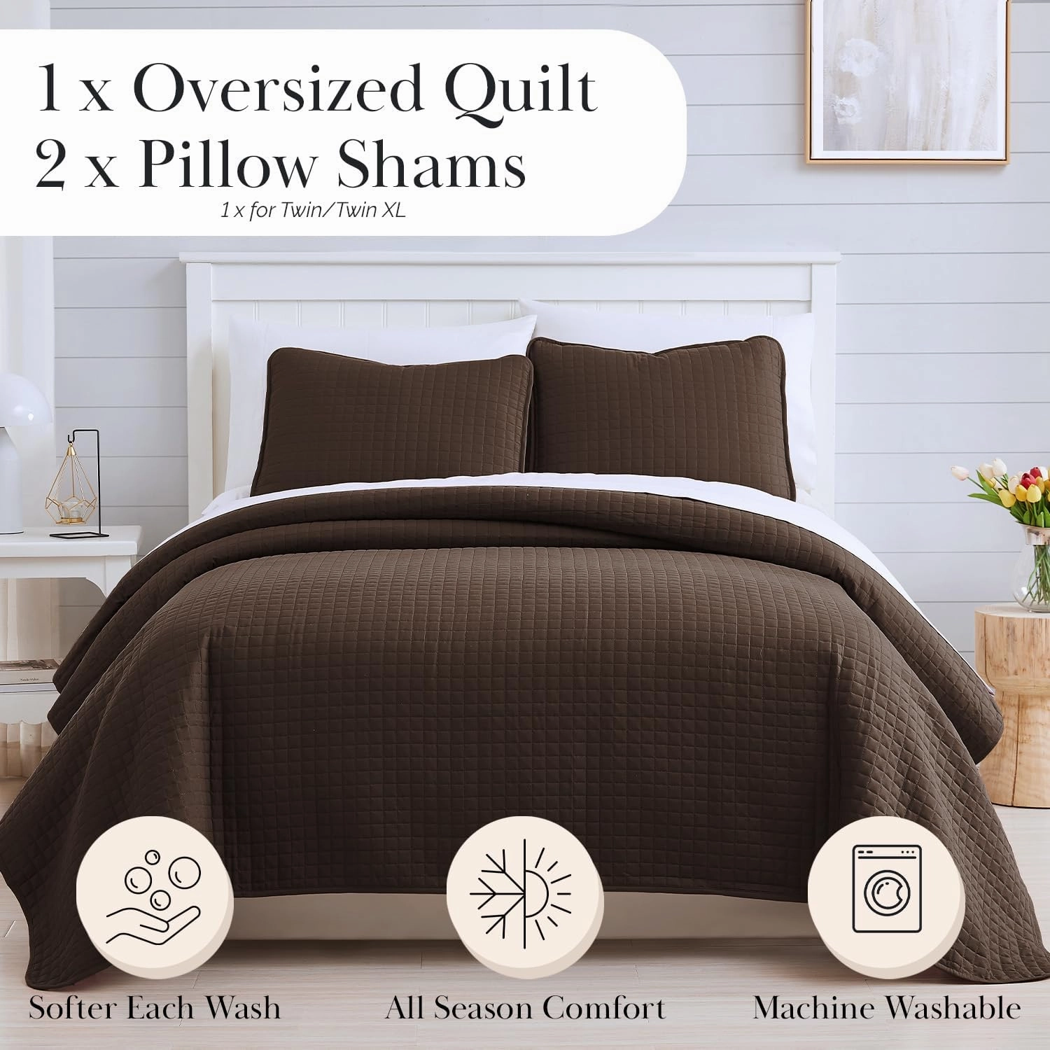 Southshore Fine Living, Inc. Oversized King Quilt Bedding Set, Soft Brushed Microfiber Bedspread, Pet Hair Resistant Bedding, California/King Quilt Coverlet Set with 2 Shams, Chocolate Brown