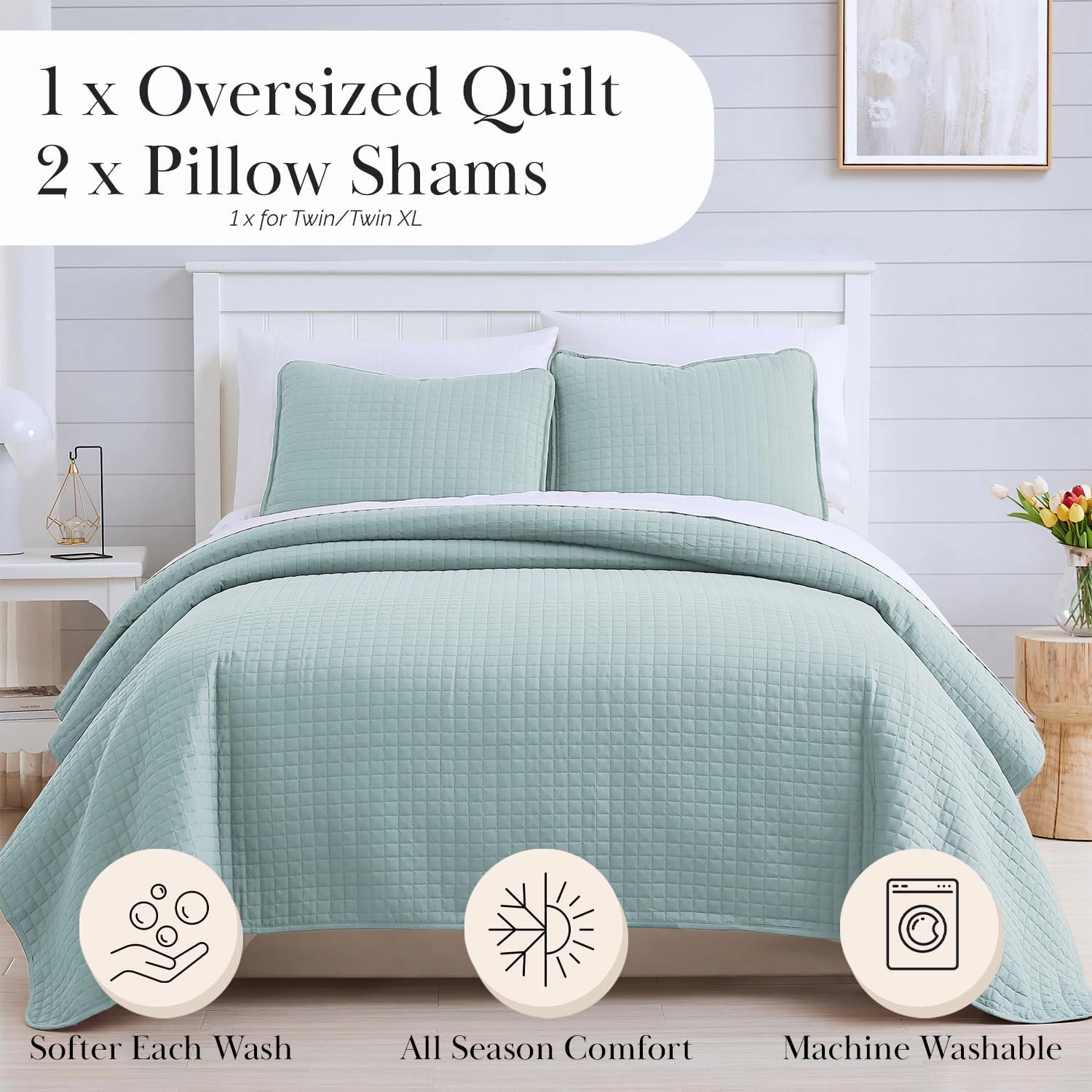Southshore Fine Living, Inc. Oversized King Quilt Bedding Set, Soft Microfiber, Stain and Pet Hair Resistant Bedding, California/King Size Quilt Coverlet Bedspread Set with 2 Shams, Sky Blue
