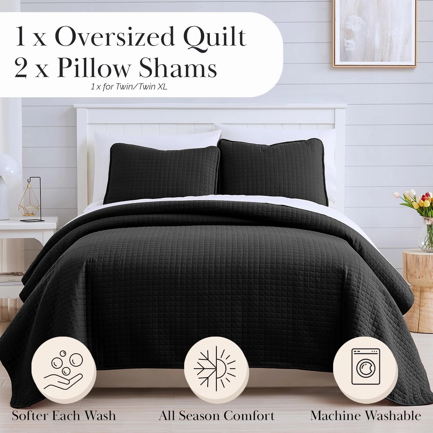 Southshore Fine Living, Inc. Oversized King Quilt Bedding Set, Soft Microfiber, Stain and Pet Hair Resistant Bedding Coverlet, King Size Quilt Set w/2 Pillow Shams, Black
