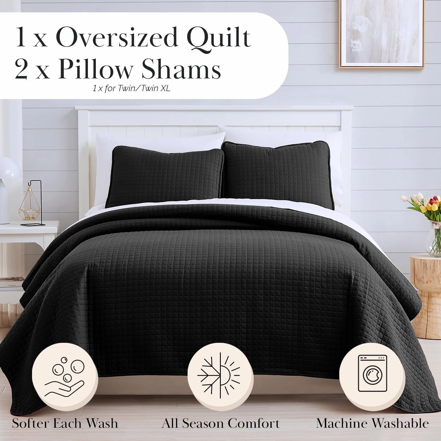 Southshore Fine Living, Inc. Oversized King Quilt Bedding Set, Soft Microfiber, Stain and Pet Hair Resistant Bedding Coverlet, King Size Quilt Set w/2 Pillow Shams, Black