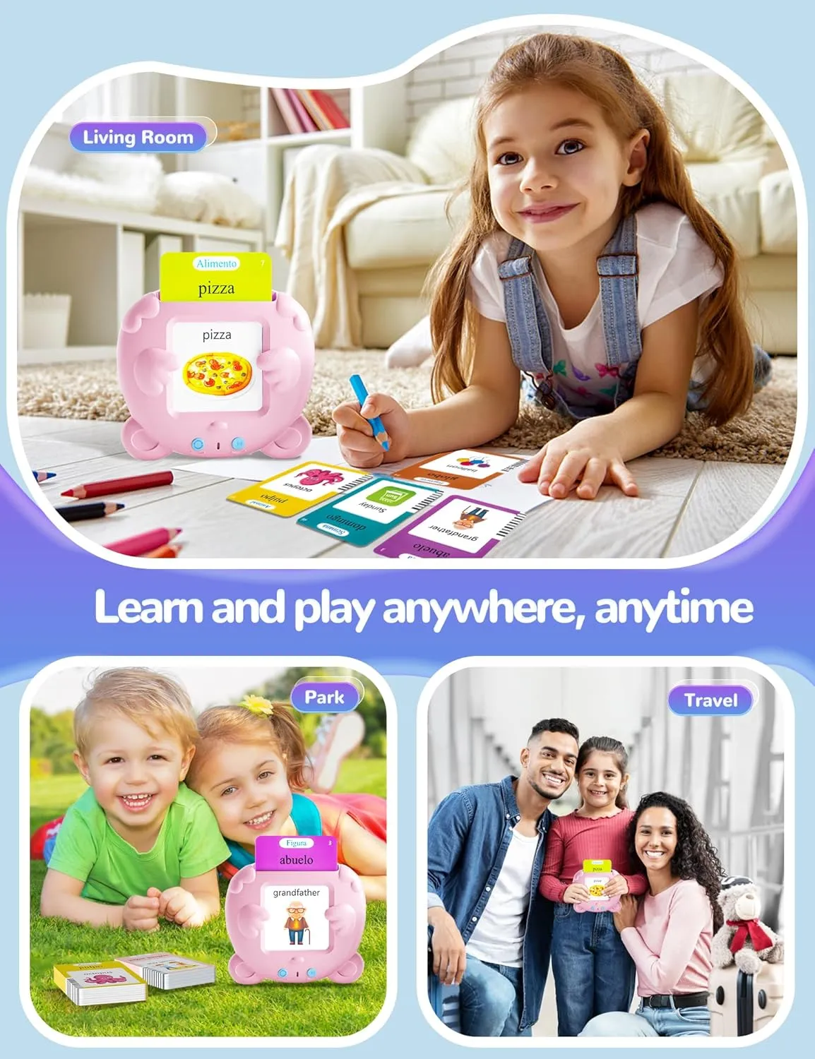 Spanish & English Talking Flash Cards for Toddlers, 510 Sight Words Bilingual Educational Toys for Children, Autism Sensory Speech Therapy Toys, Española Pocket Vocabulary Learning for Girls