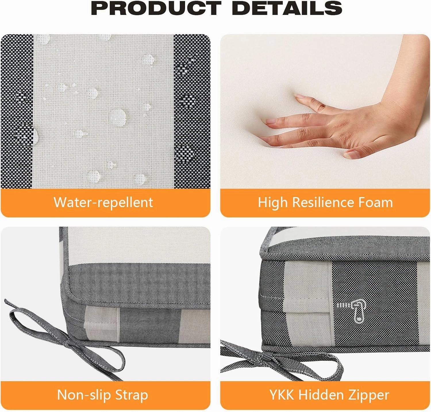 Square Corner Seat Cushions, 18.5" x 16" x 3", Set of 4, Indoor Outdoor Waterproof Weather Resistant Universal Chair Pads with Ties for Patio Furniture, Garden Deck Dining Chairs, Gray Stripe