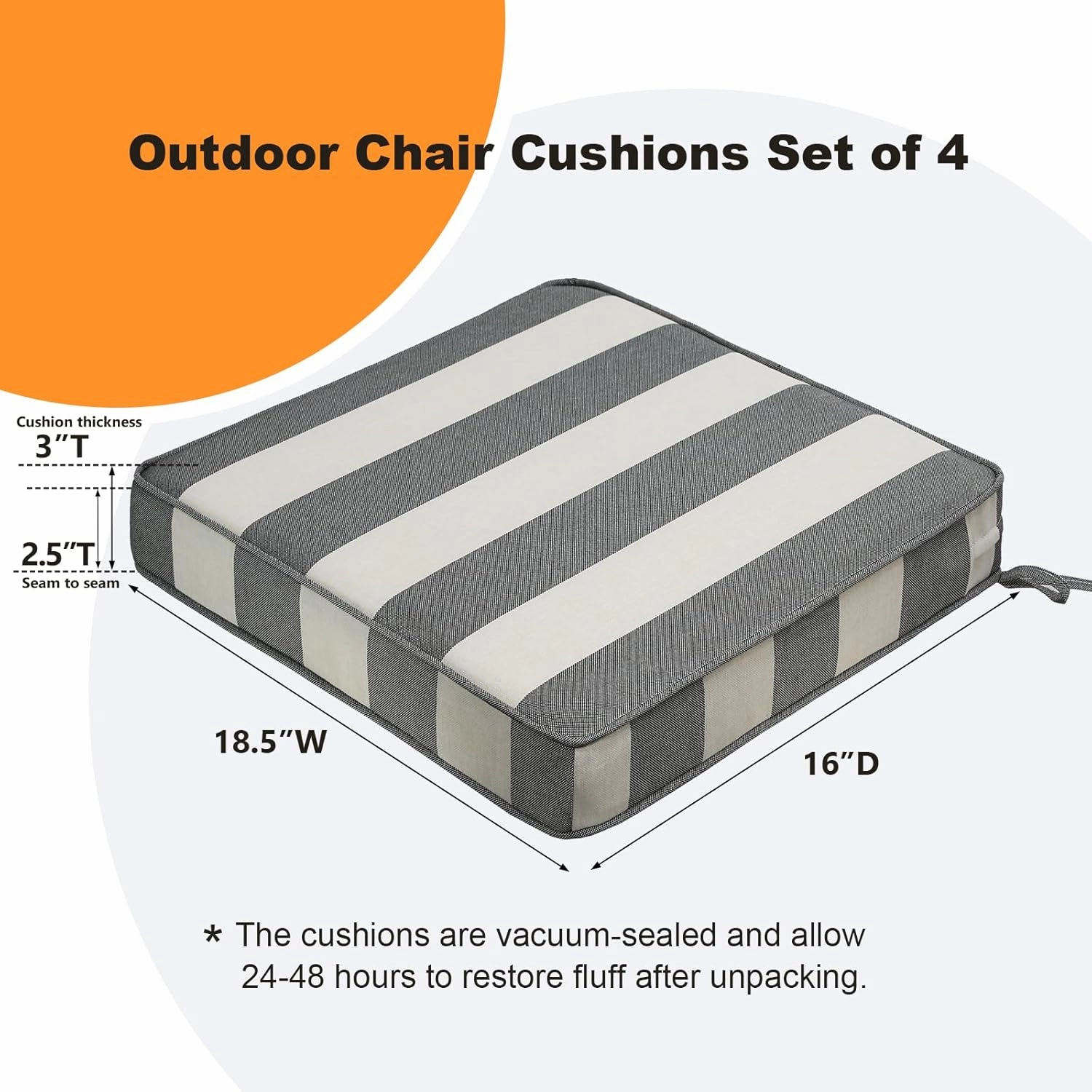 Square Corner Seat Cushions, 18.5" x 16" x 3", Set of 4, Indoor Outdoor Waterproof Weather Resistant Universal Chair Pads with Ties for Patio Furniture, Garden Deck Dining Chairs, Gray Stripe