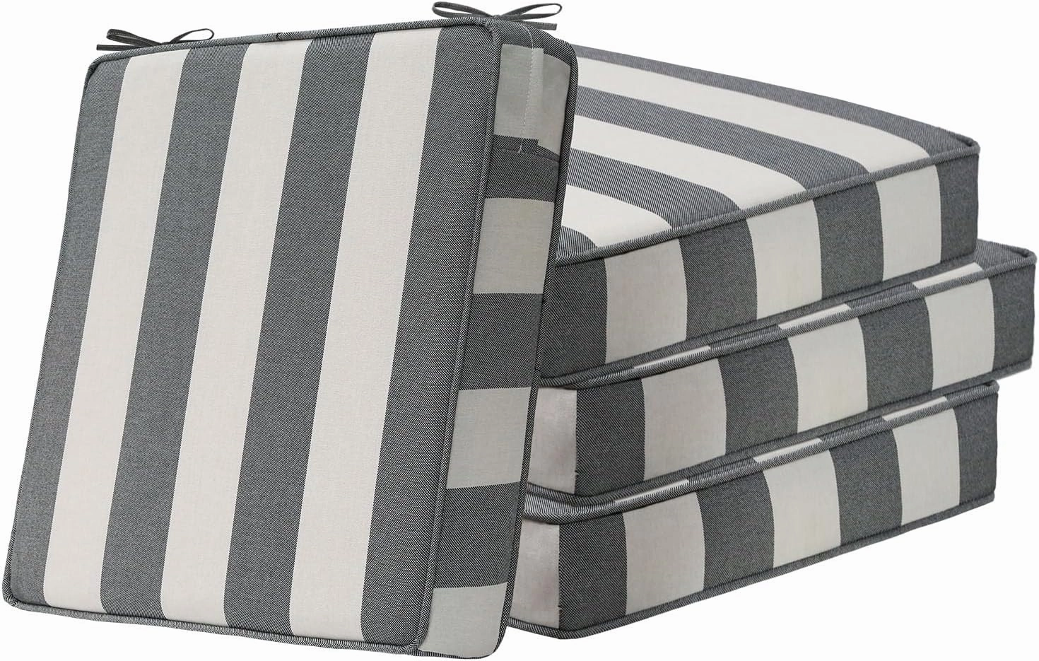 Square Corner Seat Cushions, 18.5" x 16" x 3", Set of 4, Indoor Outdoor Waterproof Weather Resistant Universal Chair Pads with Ties for Patio Furniture, Garden Deck Dining Chairs, Gray Stripe