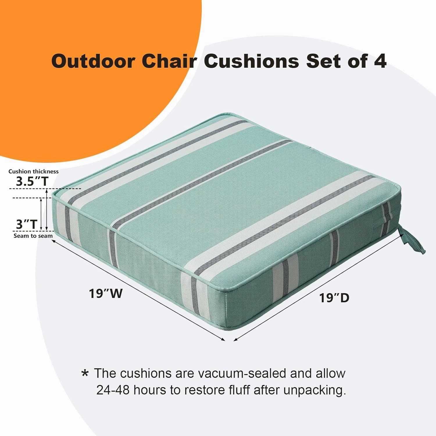 Square Corner Seat Cushions, 19" x 19" x 3", Set of 4, Indoor Outdoor Waterproof Weather Resistant Universal Chair Pads with Ties for Patio Furniture, Garden Deck Dining Chairs, Aqua Stripe