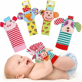 SSK Soft Baby Wrist Rattle Foot Finder Socks Set,Cotton and Plush Stuffed Infant Toys,Birthday Holiday Birth Present for Newborn Boy Girl 0/3/4/6/7/8/9/12/18 Months Kids Toddler,4 Cute Animals