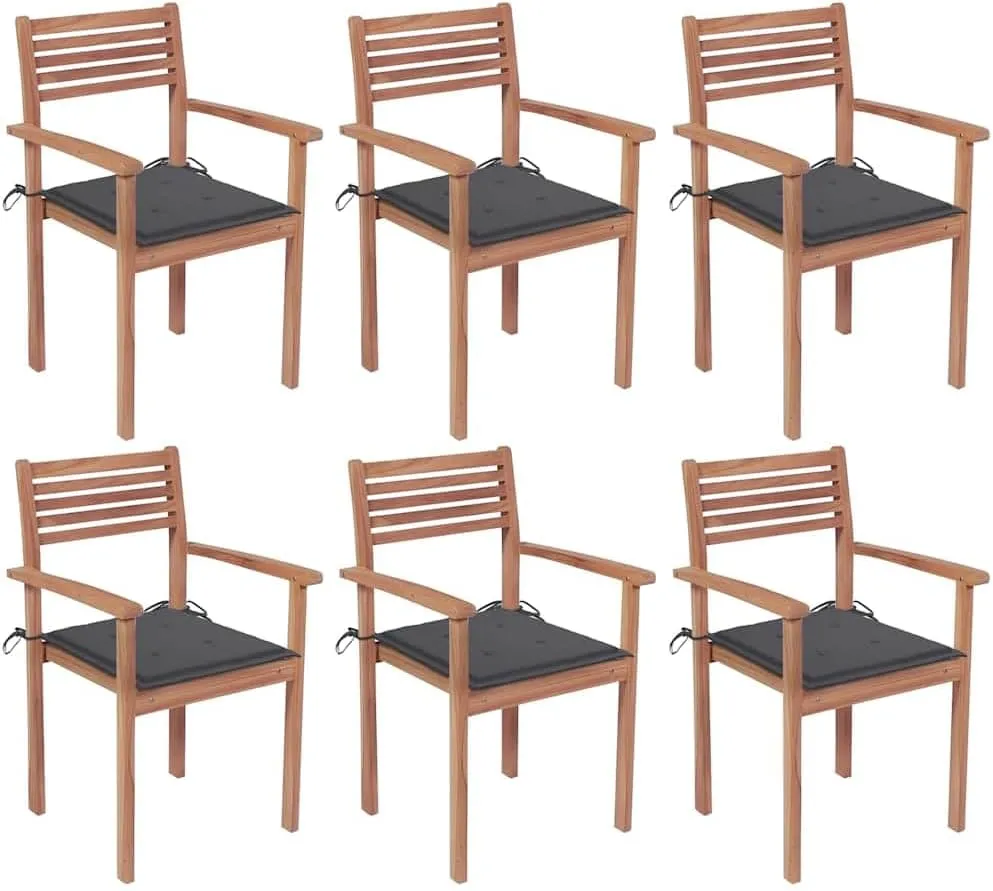 Stackable Patio Chairs with Cushions 6 Pcs Solid Teak Wood for Outdoor Patio Garden Lawn Backyard Dining Setting