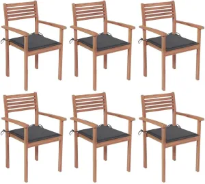 Stackable Patio Chairs with Cushions 6 Pcs Solid Teak Wood for Outdoor Patio Garden Lawn Backyard Dining Setting