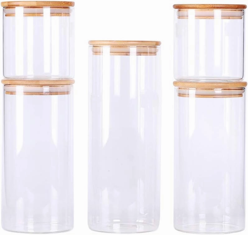 Stackable Kitchen Canisters Set, Pack of 5 Clear Glass Food Storage Jars Containers with Airtight Bamboo Lid for Candy, Cookie, Rice, Sugar, Flour, Pasta, Nuts