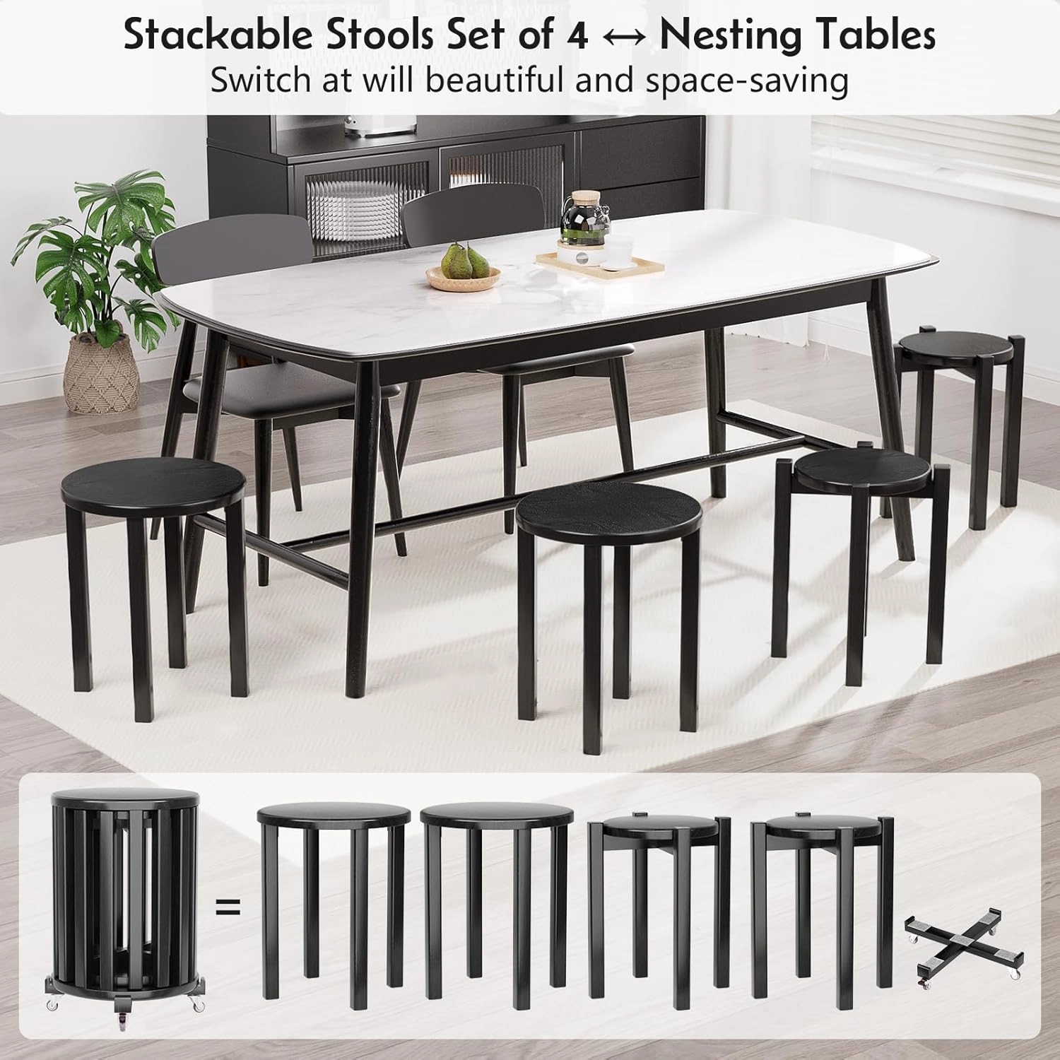 Stackable Stools Set of 4, 4-in-1 Wood Stool,Sturdy and Durable, Nesting Tables,Stacking Stools No Installation Required,Top Stackable Round Stool with Wheels for Saving Space