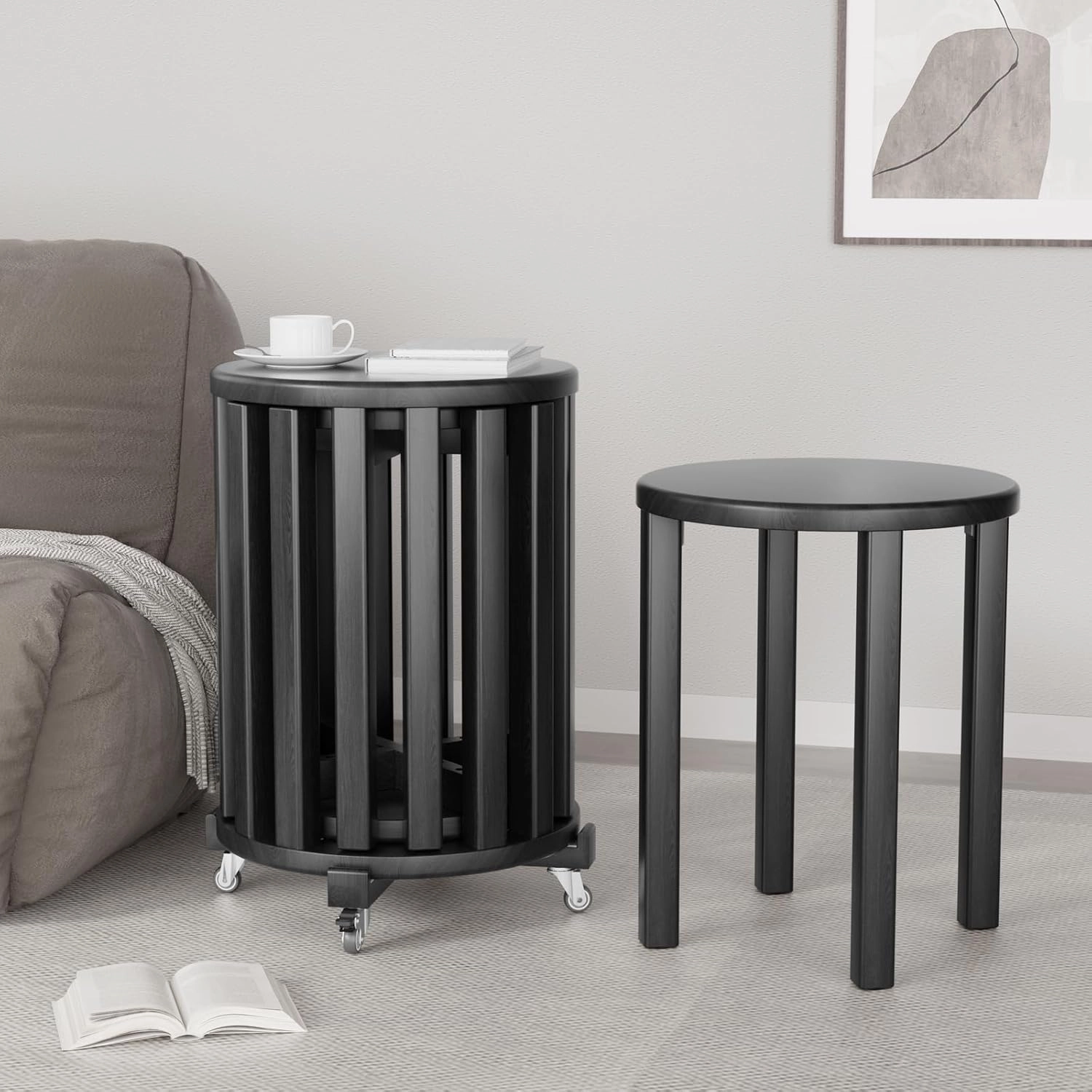 Stackable Stools Set of 4, 4-in-1 Wood Stool,Sturdy and Durable, Nesting Tables,Stacking Stools No Installation Required,Top Stackable Round Stool with Wheels for Saving Space