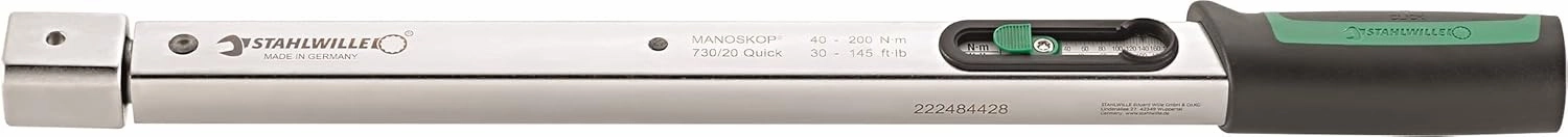 Stahlwille 730 Torque Wrench, Size 20, 40-200Nm, 14x18mm Insert, 450mm Long, with Mount for Insert Tools, 50184020