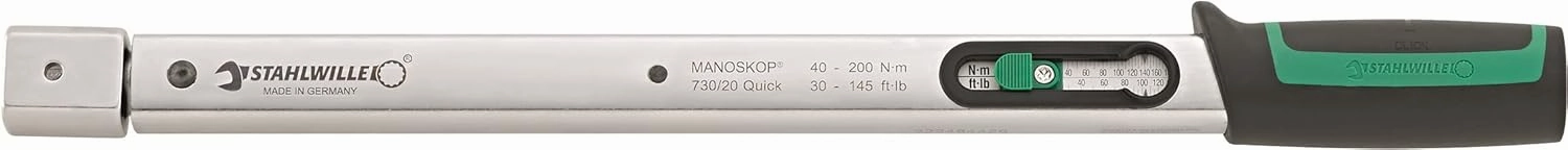 Stahlwille 730 Torque Wrench, Size 20, 40-200Nm, 14x18mm Insert, 450mm Long, with Mount for Insert Tools, 50184020