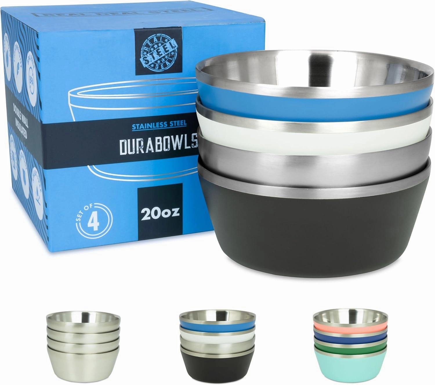 Stainless Steel Insulated Bowls - Set of 4-20 Oz Double Wall Metal Bowls for Ice Cream, Soup, Cereal, Snack, Rice Dish, Camping (Assorted 1 (Black, White, Blue, Natural))