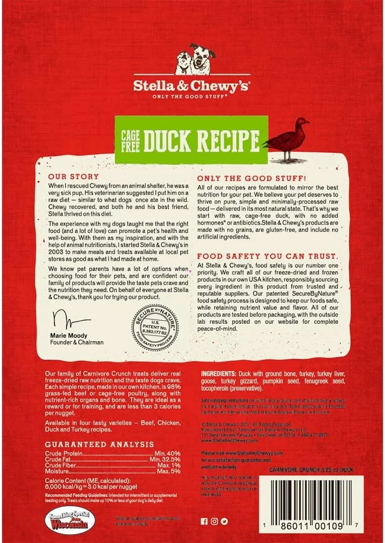 Stella & Chewy's Freeze-Dried Raw Carnivore Crunch Cage-Free Duck Recipe Dog Treats – 3.25 oz. Bag