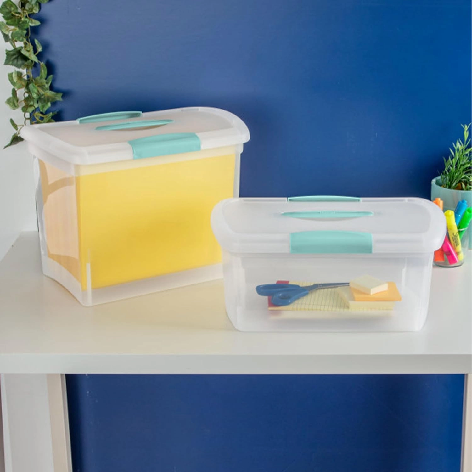 Sterilite Large Nesting ShowOffs, Stackable Small Storage Bin with Latching Lid and Handle, Plastic Container to Organize Office Files, Clear, 6-Pack