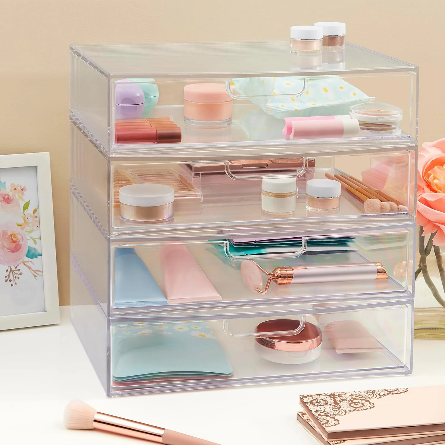 STORi Sofia 12.5” Wide Clear Stackable Open Storage Drawers, 2 Pack Plastic Organizer Bins for Makeup Palettes, Cosmetics, and Beauty Supplies, For Vanity, Bathroom, Desk Organization, Made in USA