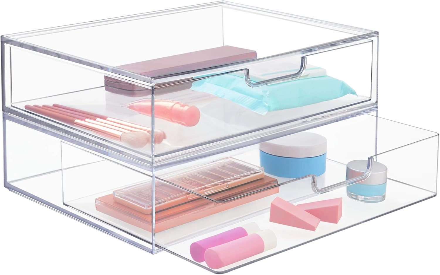 STORi Sofia 12.5” Wide Clear Stackable Open Storage Drawers, 2 Pack Plastic Organizer Bins for Makeup Palettes, Cosmetics, and Beauty Supplies, For Vanity, Bathroom, Desk Organization, Made in USA