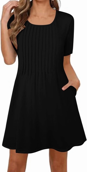 Summer Dresses for Women 2025 Pleated Short Sleeve Crewneck Womens Dresses Plain Casual Beach Dress with Pockets