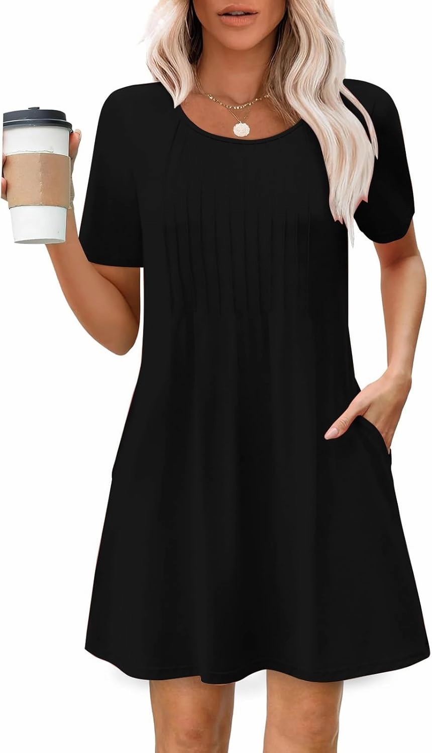 Summer Dresses for Women 2025 Pleated Short Sleeve Crewneck Womens Dresses Plain Casual Beach Dress with Pockets