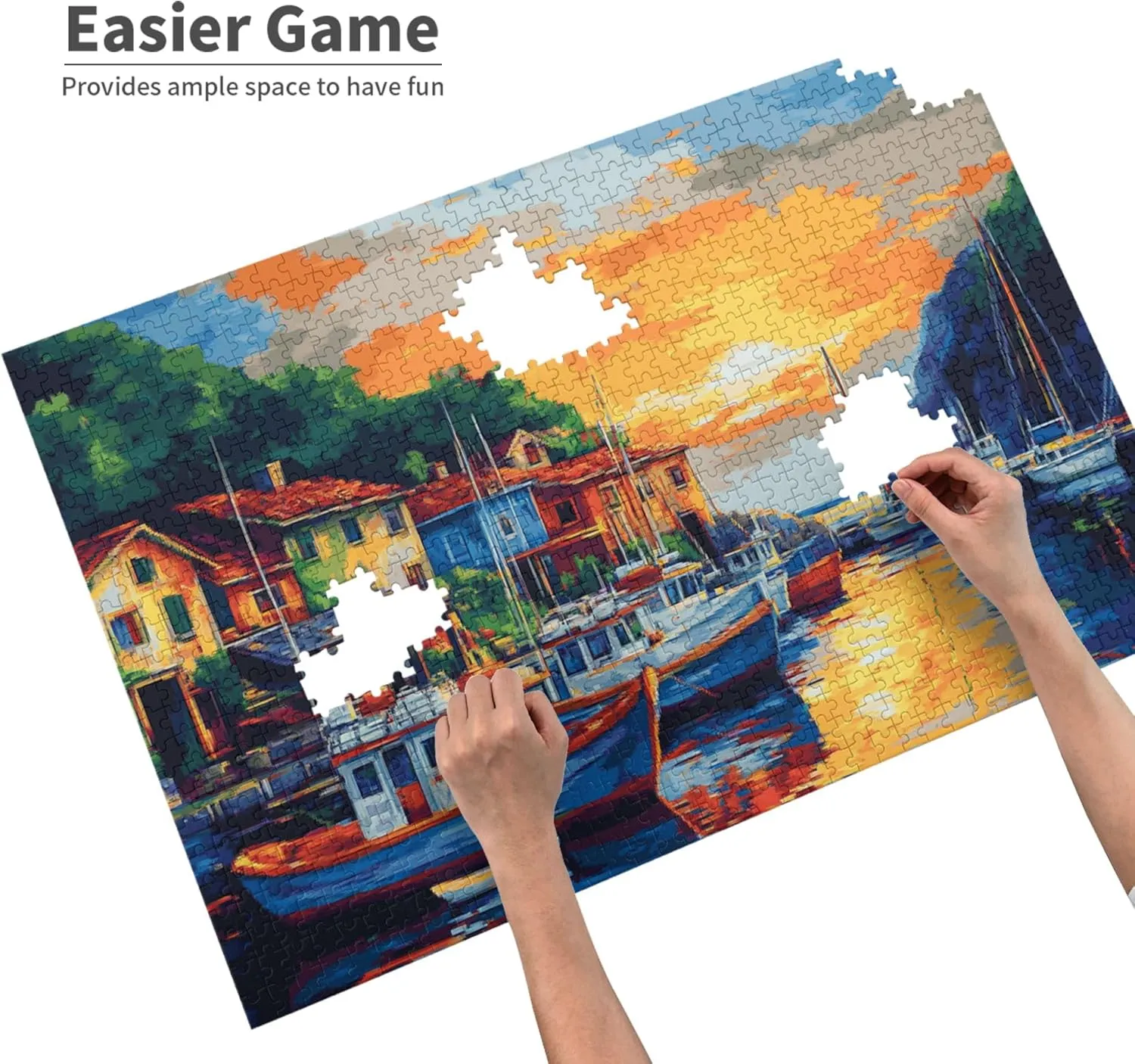 Sunset Fishing Village Puzzle 1000 Pieces, Natural Landscape Wooden Puzzle, is Ideal for Landscape Lovers, Creative Entertainment Games and Holiday Party Gifts Art Wall Home Decoration