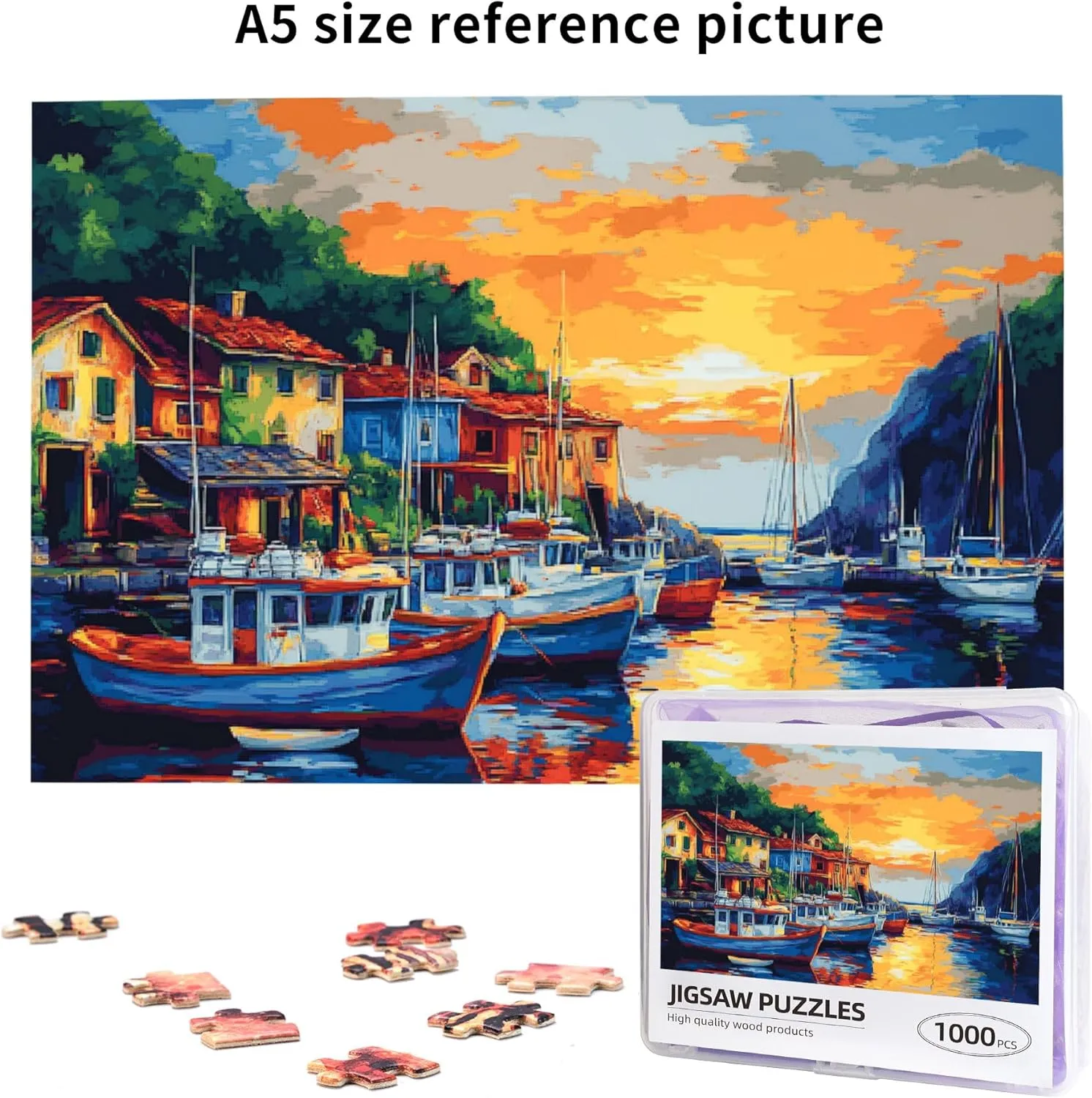 Sunset Fishing Village Puzzle 1000 Pieces, Natural Landscape Wooden Puzzle, is Ideal for Landscape Lovers, Creative Entertainment Games and Holiday Party Gifts Art Wall Home Decoration
