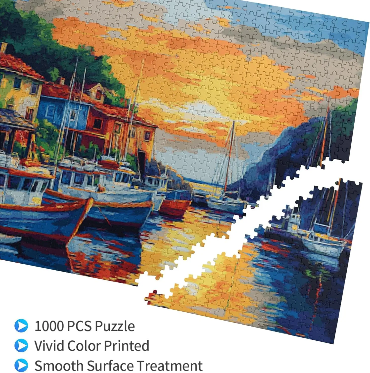 Sunset Fishing Village Puzzle 1000 Pieces, Natural Landscape Wooden Puzzle, is Ideal for Landscape Lovers, Creative Entertainment Games and Holiday Party Gifts Art Wall Home Decoration