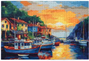 Sunset Fishing Village Puzzle 1000 Pieces, Natural Landscape Wooden Puzzle, is Ideal for Landscape Lovers, Creative Entertainment Games and Holiday Party Gifts Art Wall Home Decoration