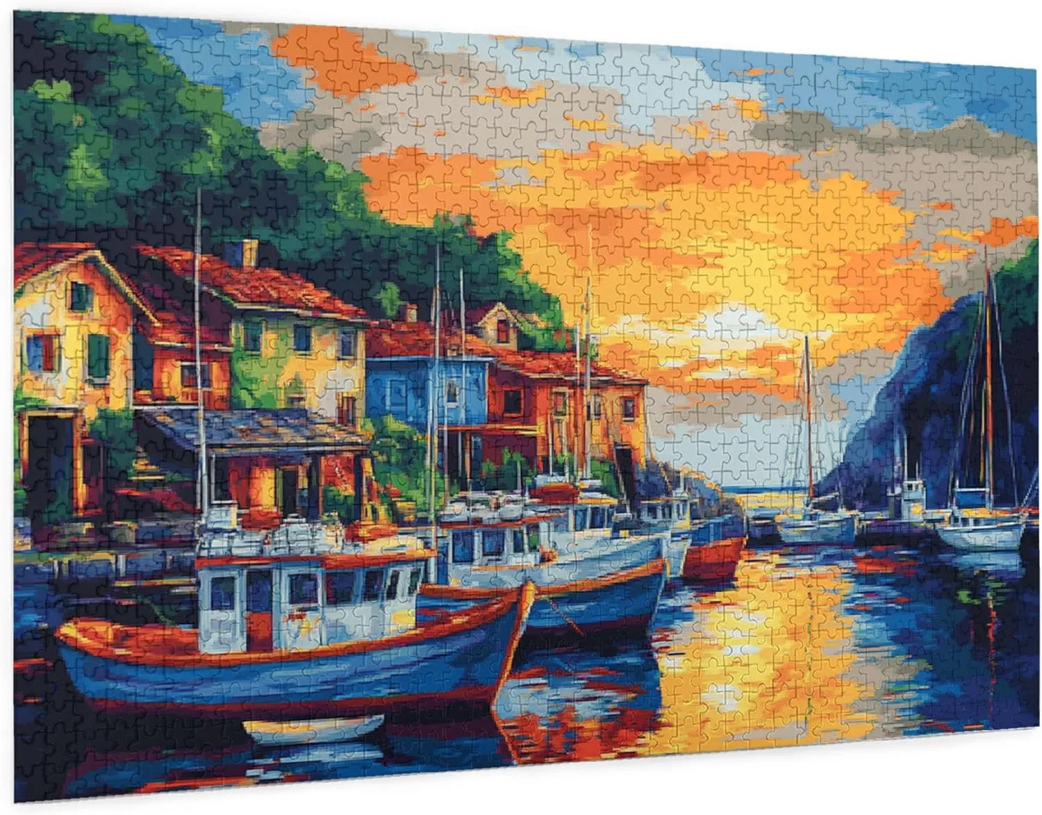 Sunset Fishing Village Puzzle 1000 Pieces, Natural Landscape Wooden Puzzle, is Ideal for Landscape Lovers, Creative Entertainment Games and Holiday Party Gifts Art Wall Home Decoration