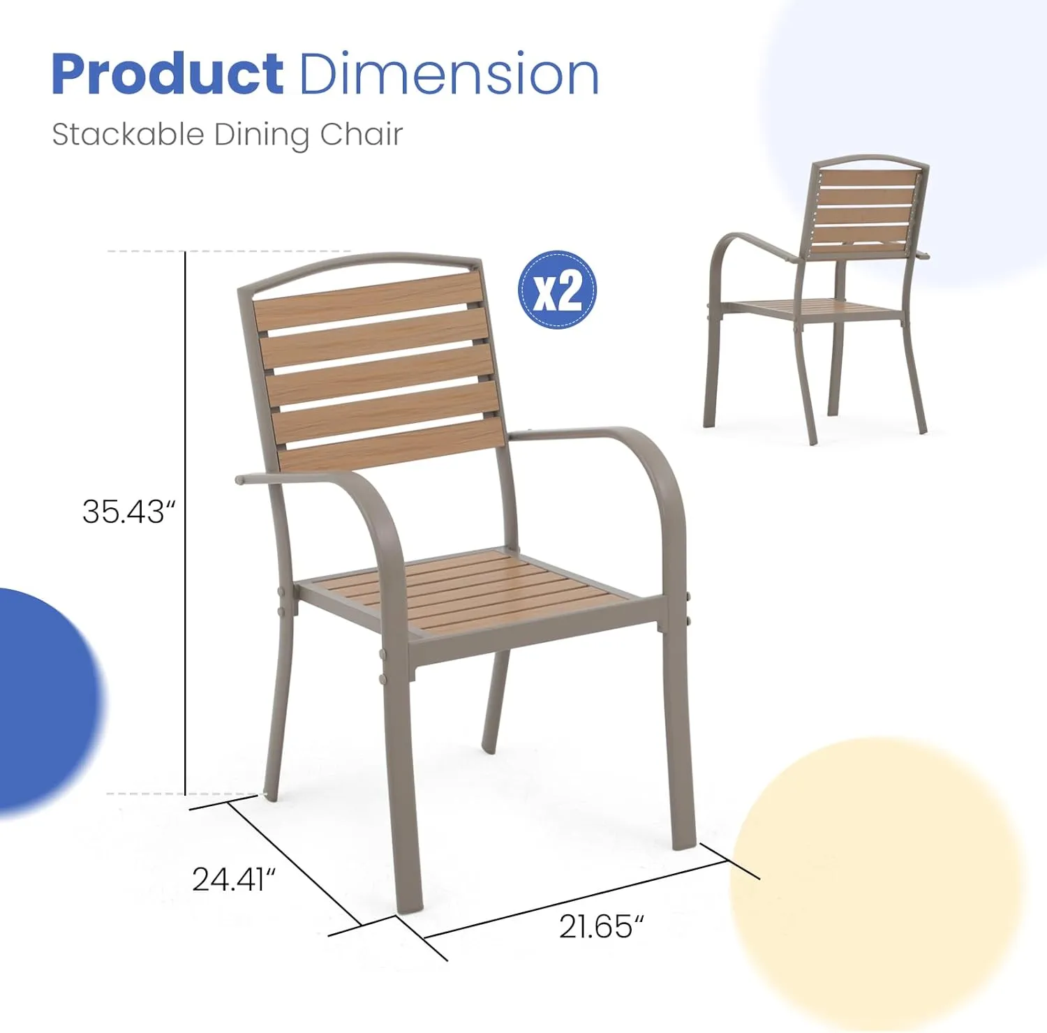 SUNSITT Patio Dining Chairs Set of 2, Aluminum Outdoor Dining Chairs with Faux Wood Slats, All-Weather Stackable Patio Chairs w/Armrests for Lawn, Porch, Garden and Deck, Teak