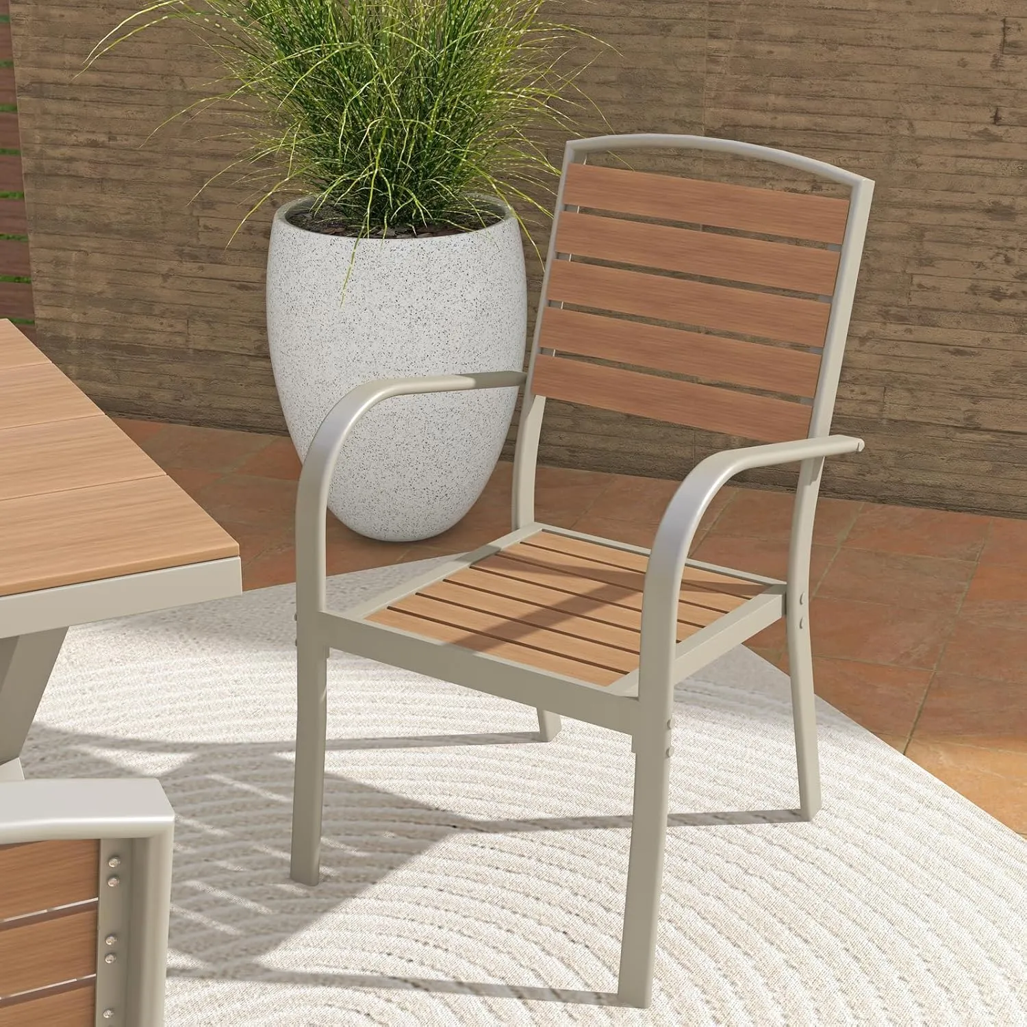 SUNSITT Patio Dining Chairs Set of 2, Aluminum Outdoor Dining Chairs with Faux Wood Slats, All-Weather Stackable Patio Chairs w/Armrests for Lawn, Porch, Garden and Deck, Teak