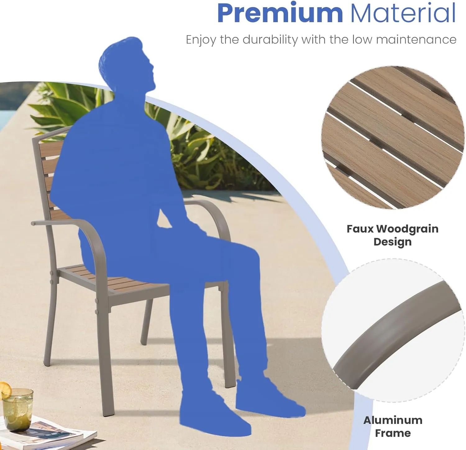 SUNSITT Patio Dining Chairs Set of 2, Aluminum Outdoor Dining Chairs with Faux Wood Slats, All-Weather Stackable Patio Chairs w/Armrests for Lawn, Porch, Garden and Deck, Teak