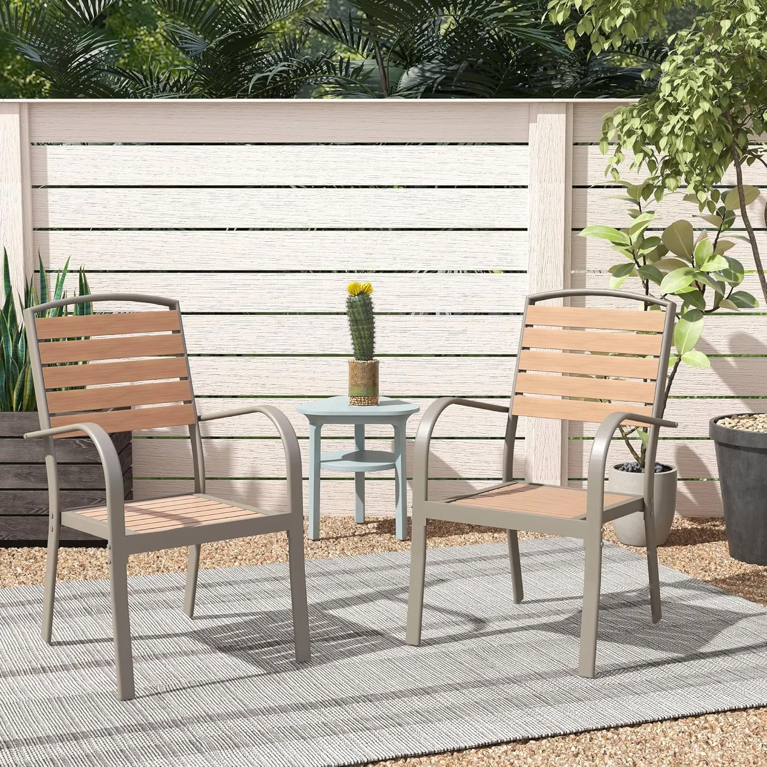 SUNSITT Patio Dining Chairs Set of 2, Aluminum Outdoor Dining Chairs with Faux Wood Slats, All-Weather Stackable Patio Chairs w/Armrests for Lawn, Porch, Garden and Deck, Teak