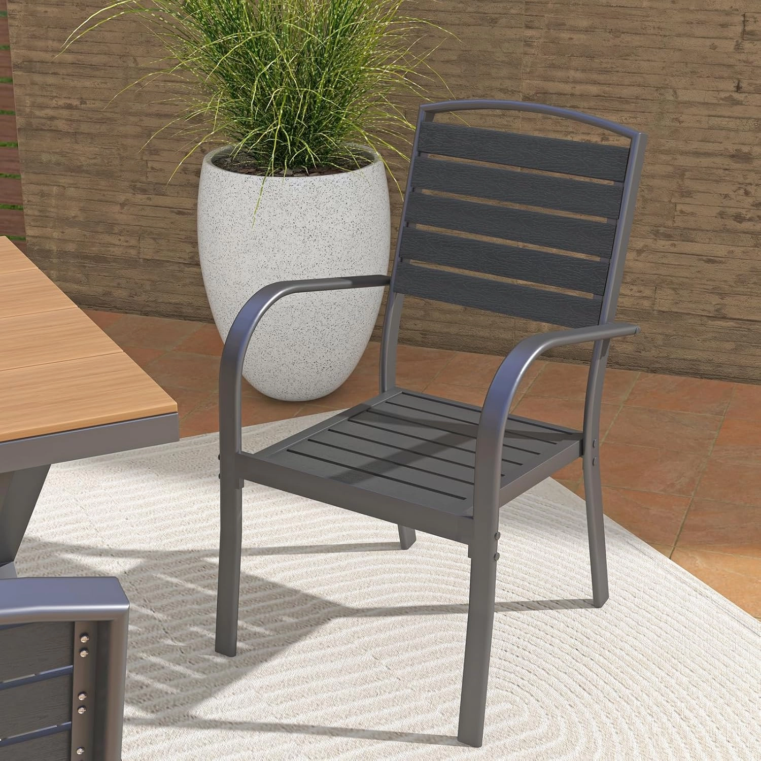 SUNSITT Patio Dining Chairs Set of 2, Aluminum Outdoor Dining Chairs with Faux Wood Slats, All-Weather Stackable Patio Chairs w/Armrests for Lawn, Porch, Garden and Deck, Black