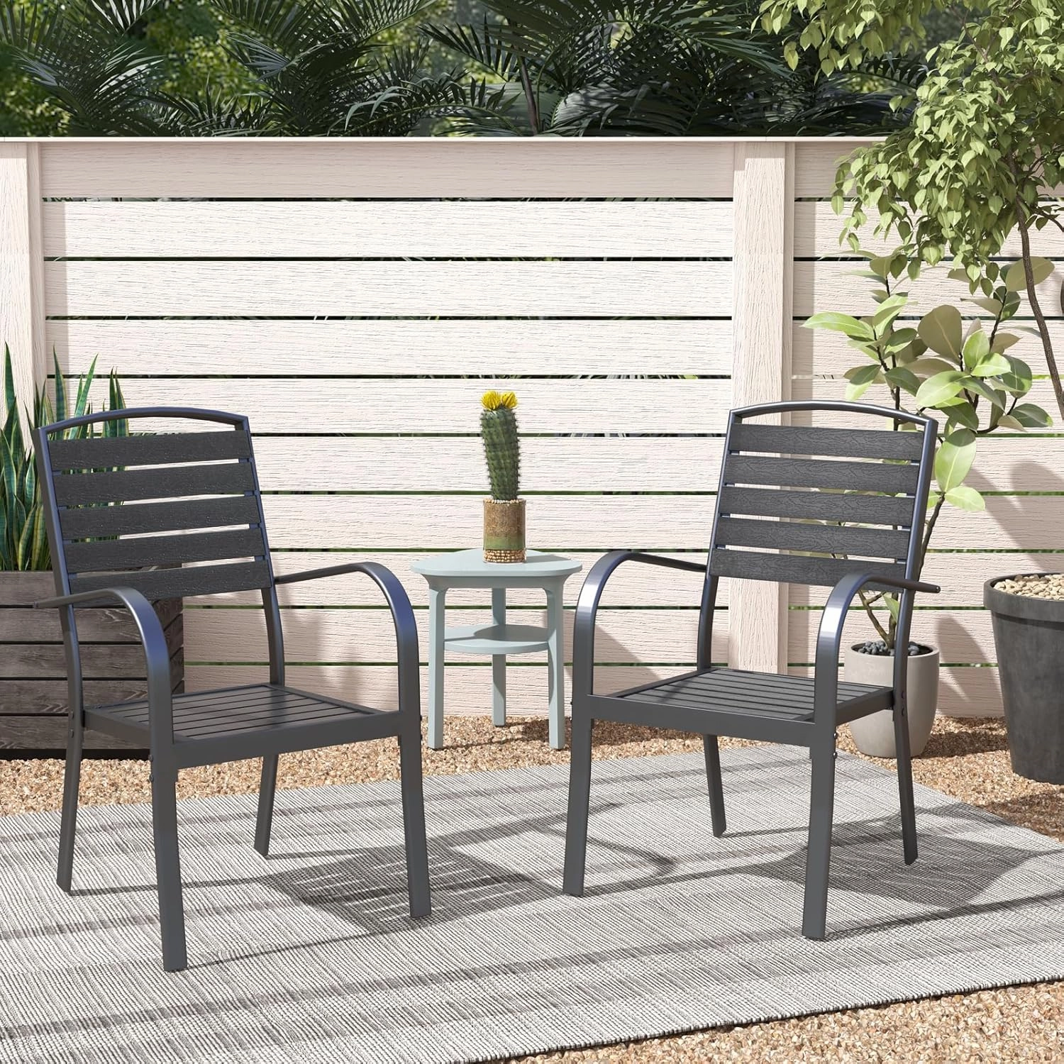 SUNSITT Patio Dining Chairs Set of 2, Aluminum Outdoor Dining Chairs with Faux Wood Slats, All-Weather Stackable Patio Chairs w/Armrests for Lawn, Porch, Garden and Deck, Black