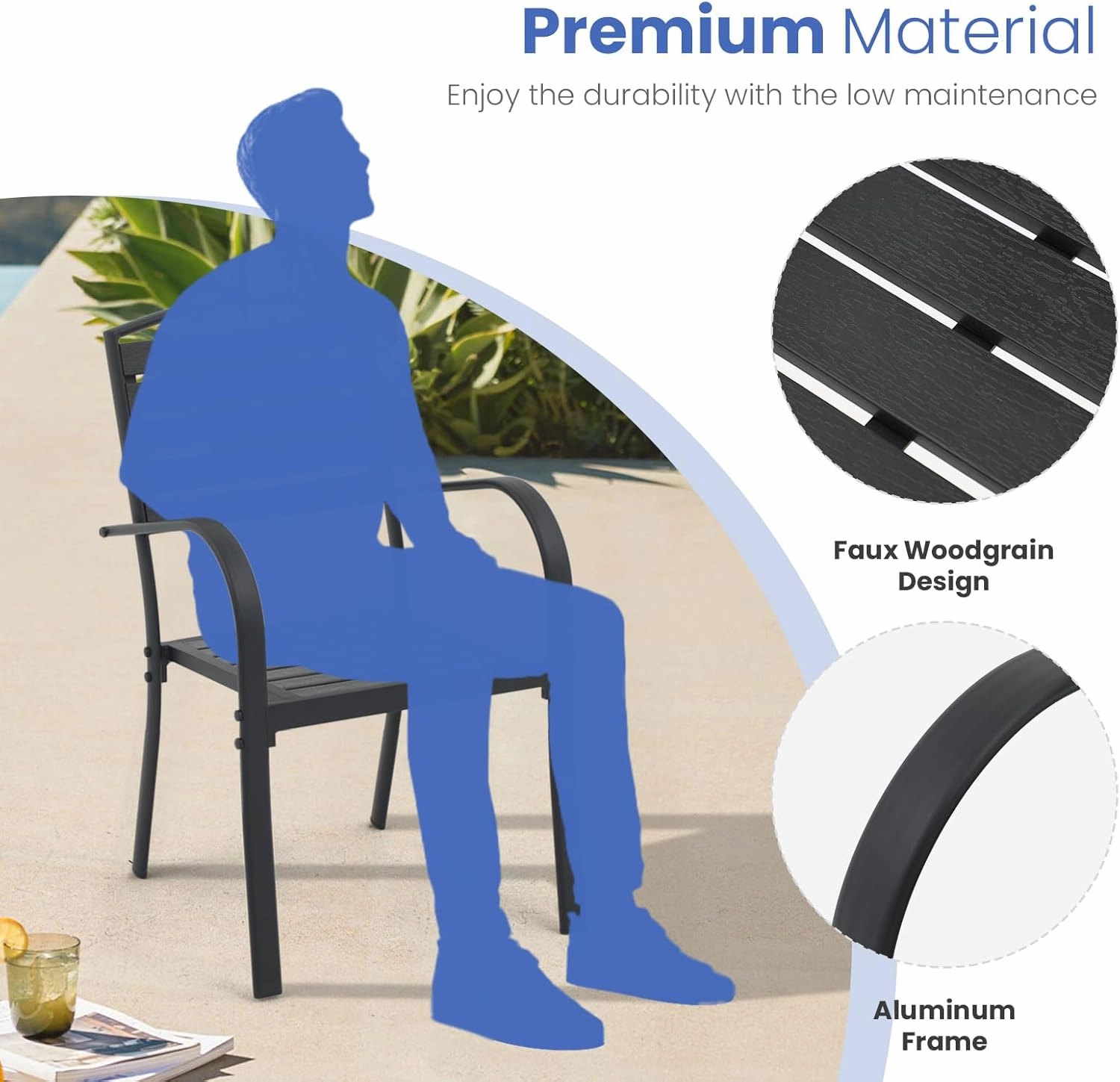SUNSITT Patio Dining Chairs Set of 2, Aluminum Outdoor Dining Chairs with Faux Wood Slats, All-Weather Stackable Patio Chairs w/Armrests for Lawn, Porch, Garden and Deck, Black