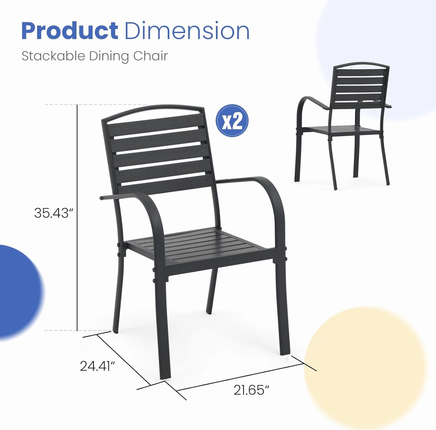 SUNSITT Patio Dining Chairs Set of 2, Aluminum Outdoor Dining Chairs with Faux Wood Slats, All-Weather Stackable Patio Chairs w/Armrests for Lawn, Porch, Garden and Deck, Black