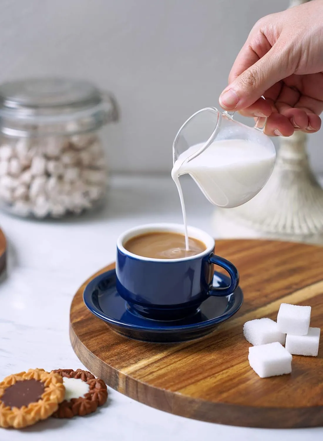 Sweese 2.5 Ounce Porcelain Stackable Espresso Cups with Saucers and Metal Stand Set of 4, Navy